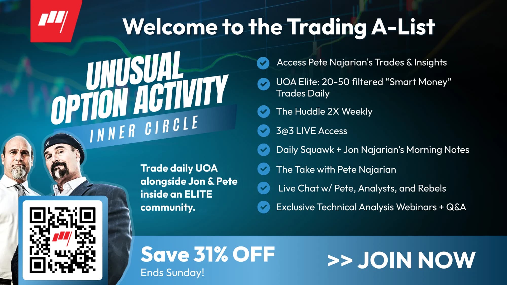 Welcome to the Trading A-List: Unusual Option Activity Inner Circle. Trade daily UOA alongside Jon & Pete inside an elite community. Save 31% off, ends Sunday. Join now